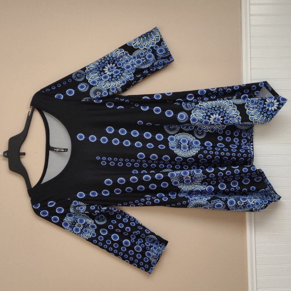 White Mark Black Tunic Top with Blue Floral Medallion Print